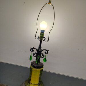 Vintage Mid-Century Amber & Green Glass Lamp – Hollywood Regency Style